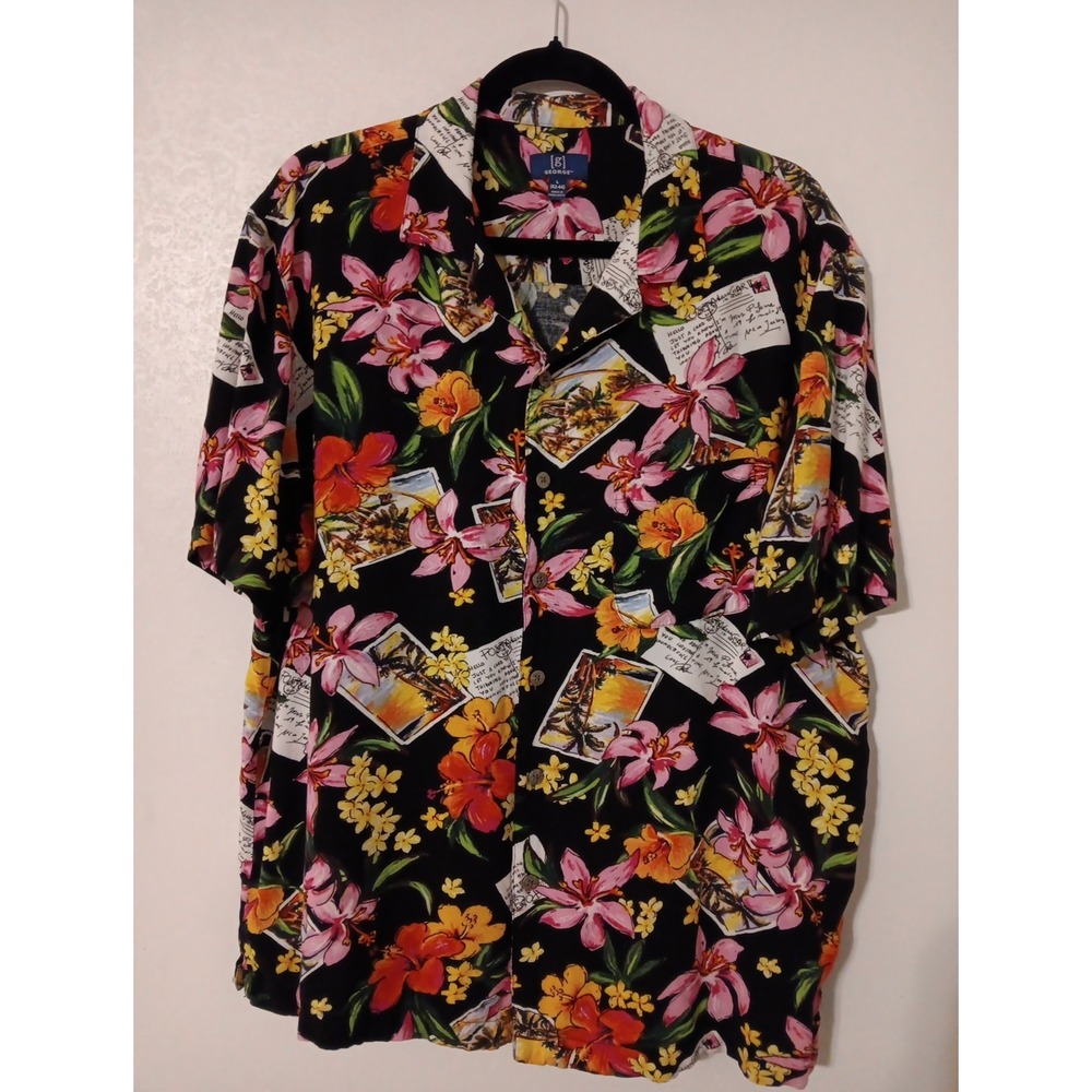 George Men's Sz L (42-44)‎ Postcards  Hawaiian Hibiscuc Floral Multi-Color Black